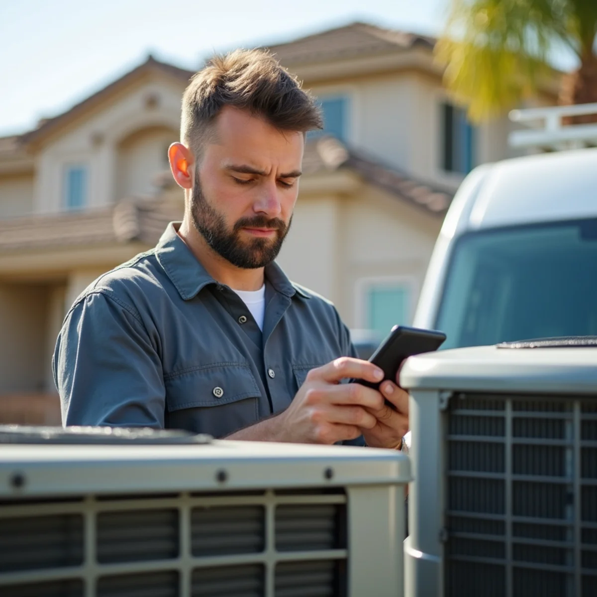 Technician checking AC repair cost on a Poway condenser during a summer service call
