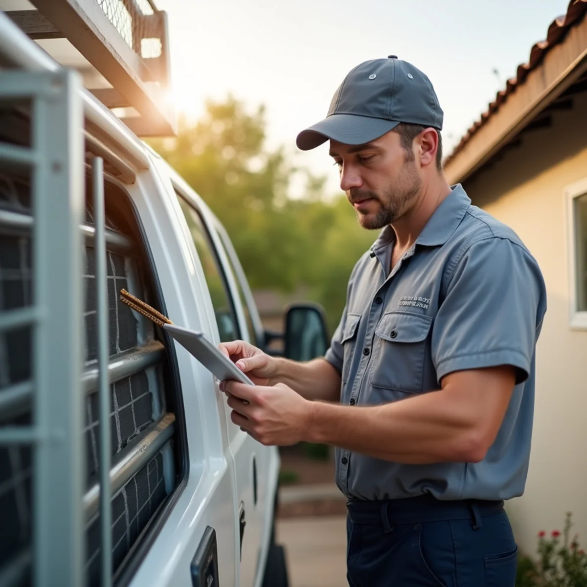 Technician running through an AC tune-up checklist at a Poway home before summer
