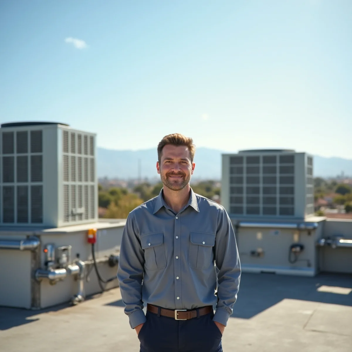 Rooftop HVAC units on a commercial building in Poway Business Park under a dry Southern California sky