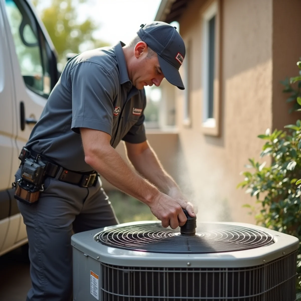 Dusty outdoor condenser coil being cleaned at a Poway home during dry season