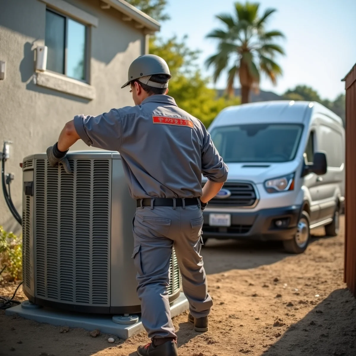 Cleared defensible space around an outdoor HVAC condenser near Lake Poway wildland