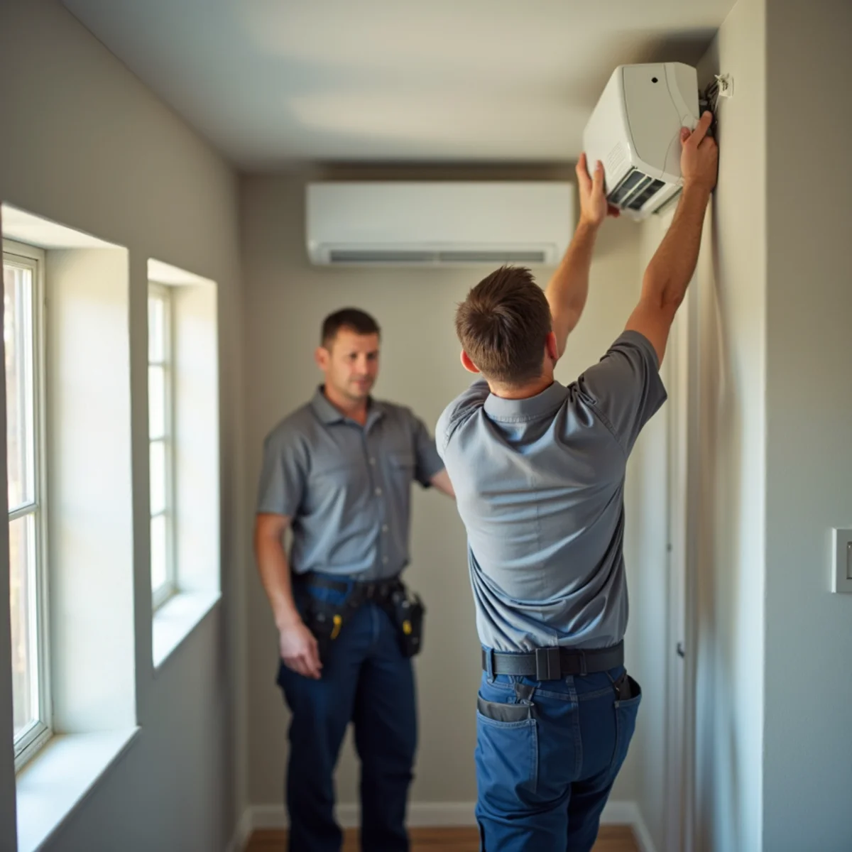 Wall-mounted ductless mini-split beside a central AC vent in a Poway, CA home