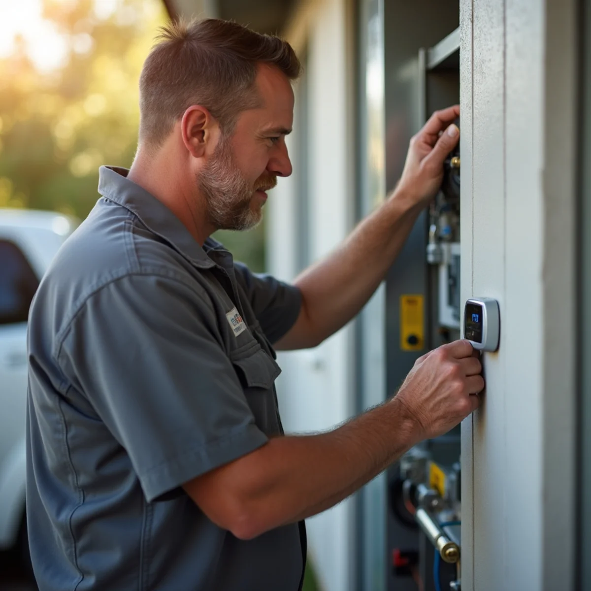 Homeowner checking a furnace and thermostat during a fall heating check in Poway