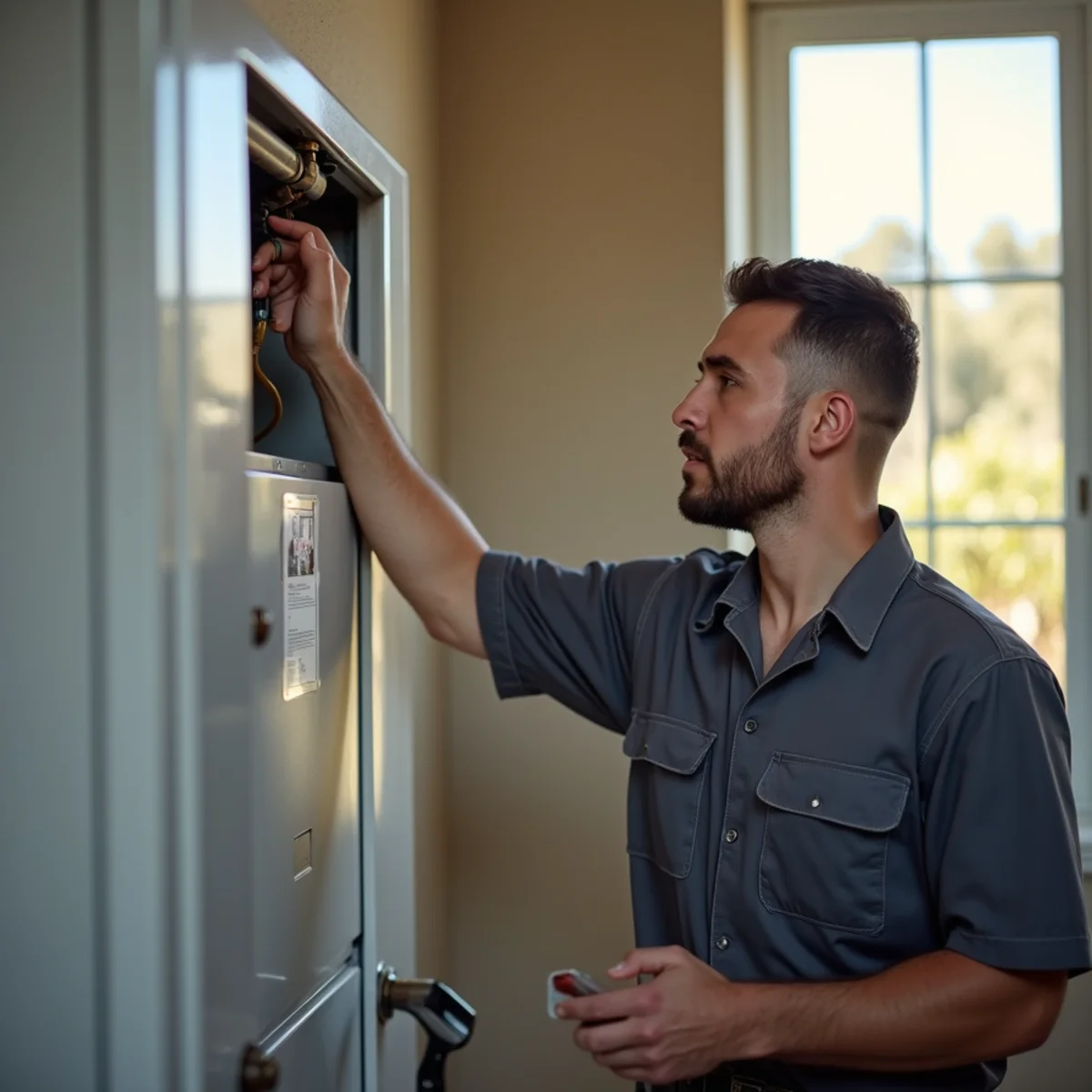 Poway homeowner noticing a burning smell from a heating vent and reaching to shut off the furnace