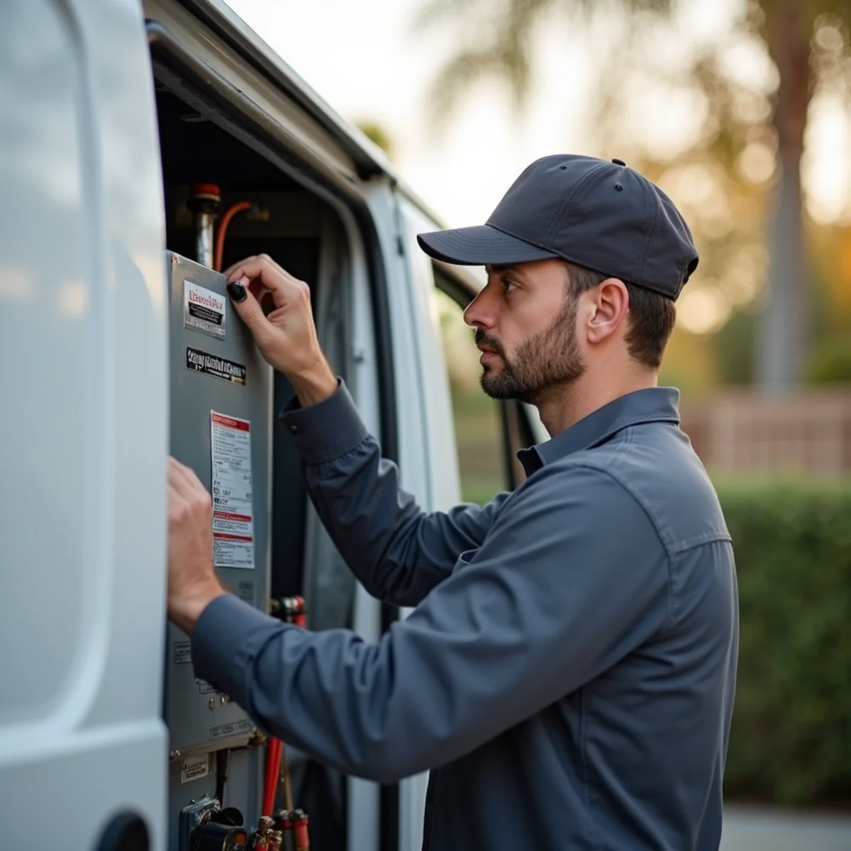 Homeowner checking a short cycling furnace on a cold Poway morning