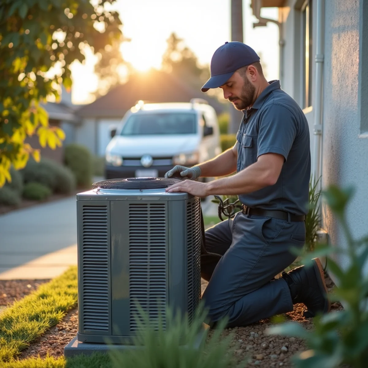 Heat pump condenser installed at a Poway home for year-round heating and cooling