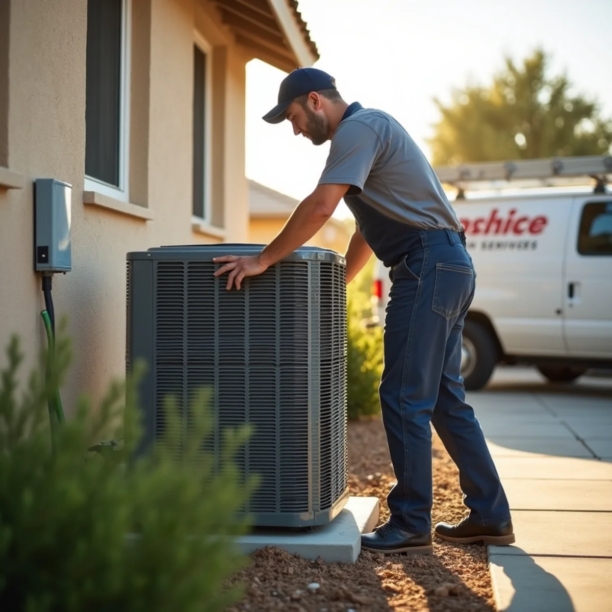 AC condenser installed on the side yard of a home in a Poway planned community with HOA screening