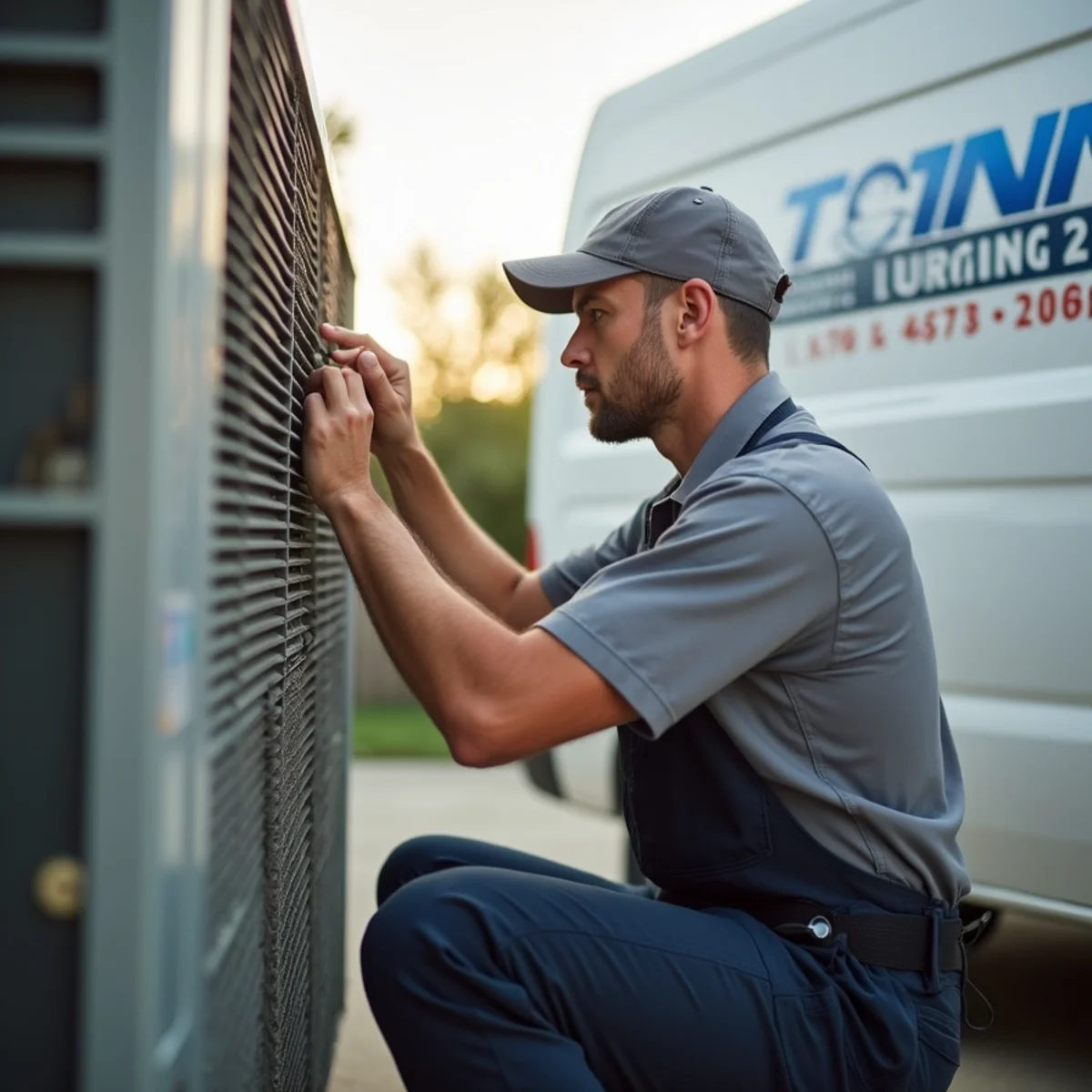 Technician performing HVAC maintenance plan tune-up on a Poway home system