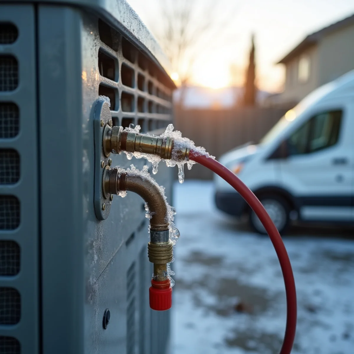 Iced-over refrigerant line on a Poway AC showing signs of a refrigerant leak