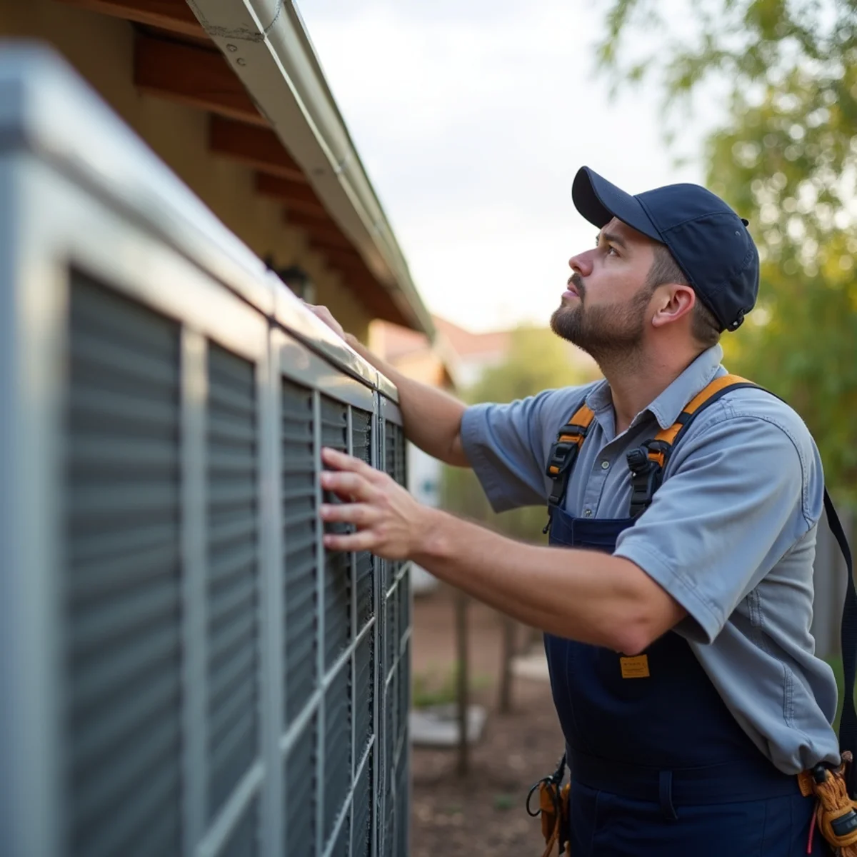Property manager inspecting a residential AC condenser at a Poway rental home near a PUSD school