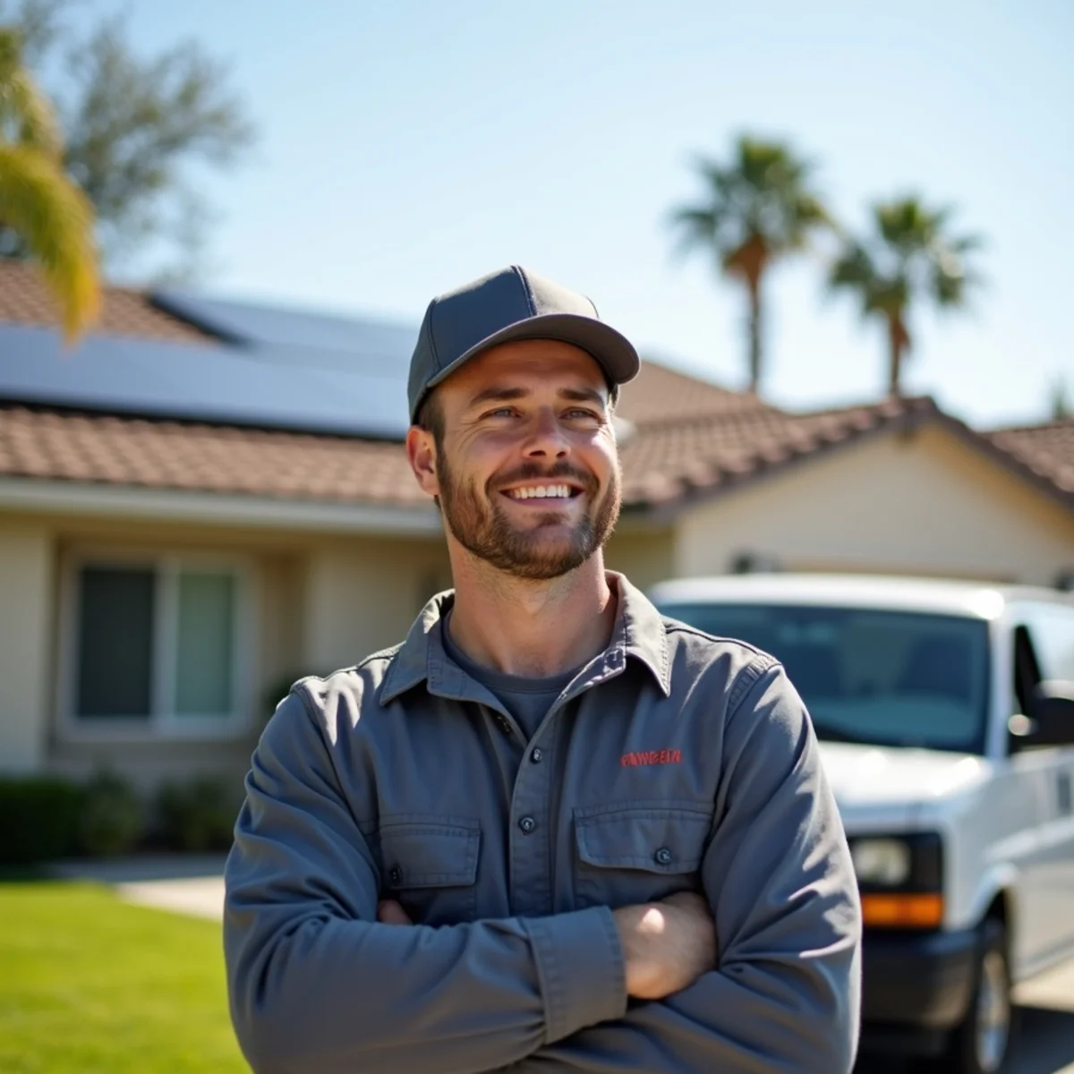 Poway home with rooftop solar panels and a heat pump condenser working together