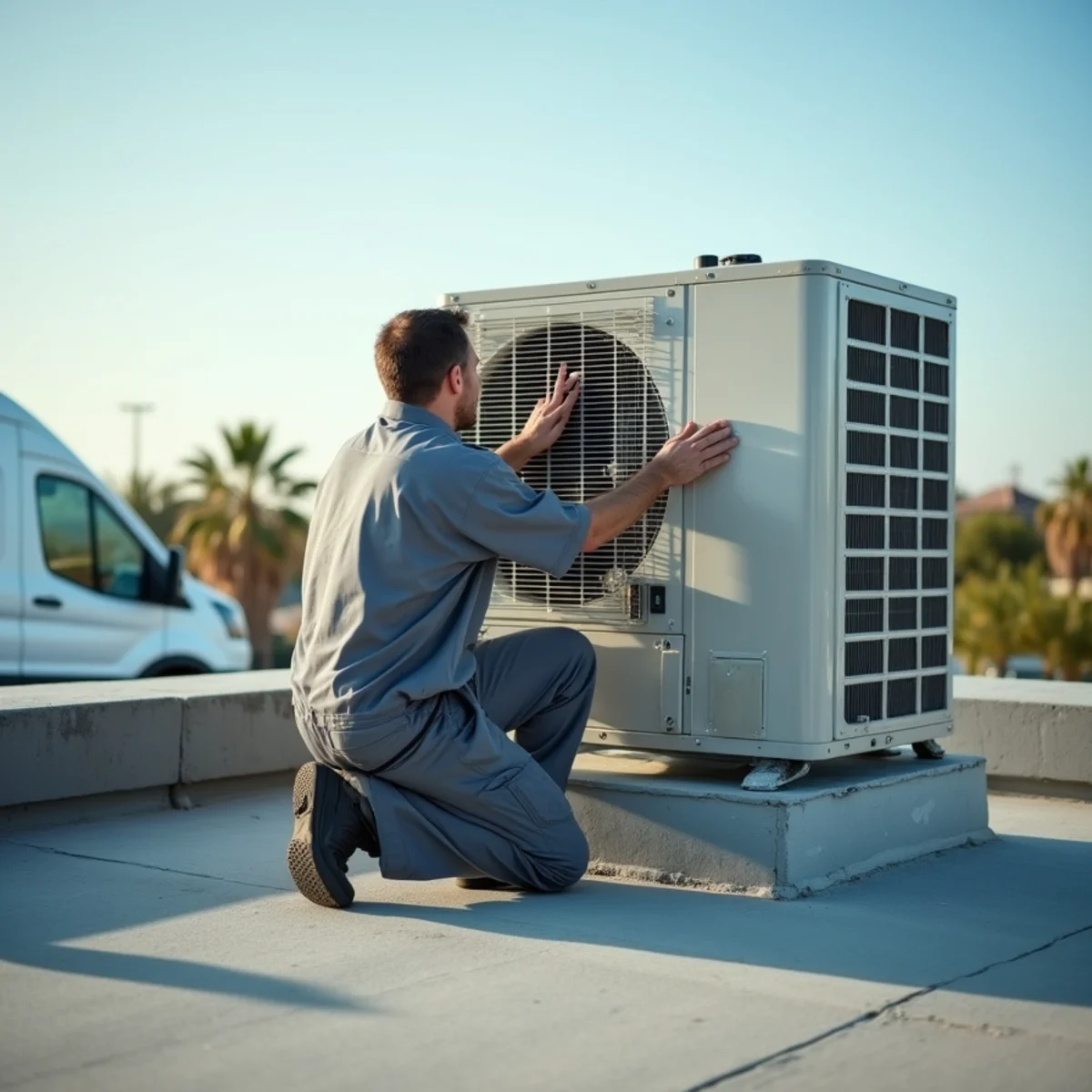 Technician servicing a rooftop HVAC unit at a Poway Business Park building