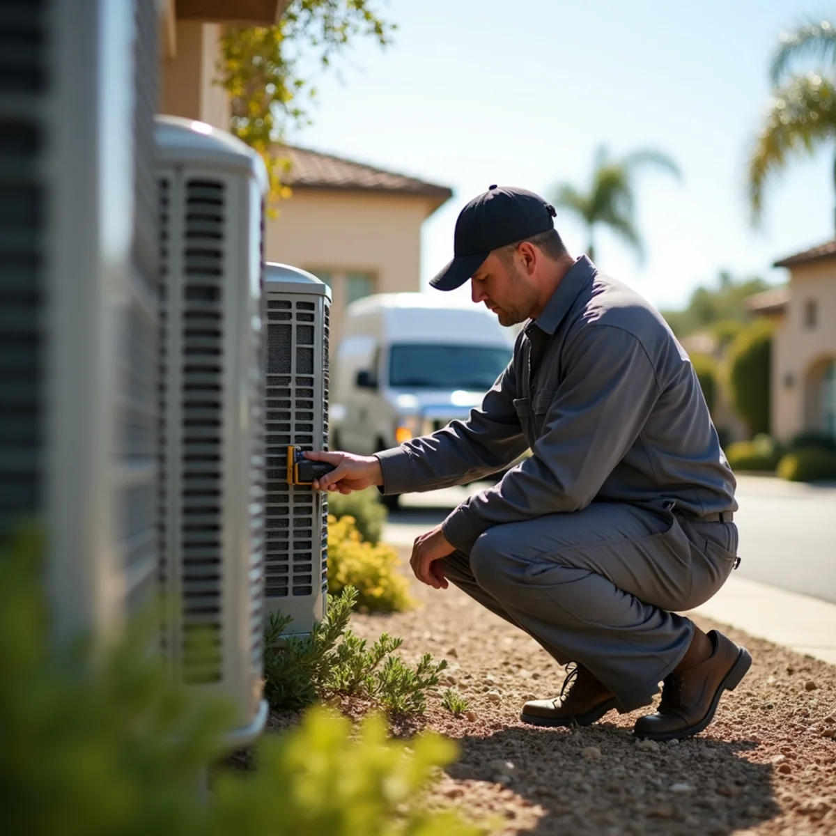 HVAC Poway CA technician completing an HVAC job at a Silver Saddle Ranch, CA home
