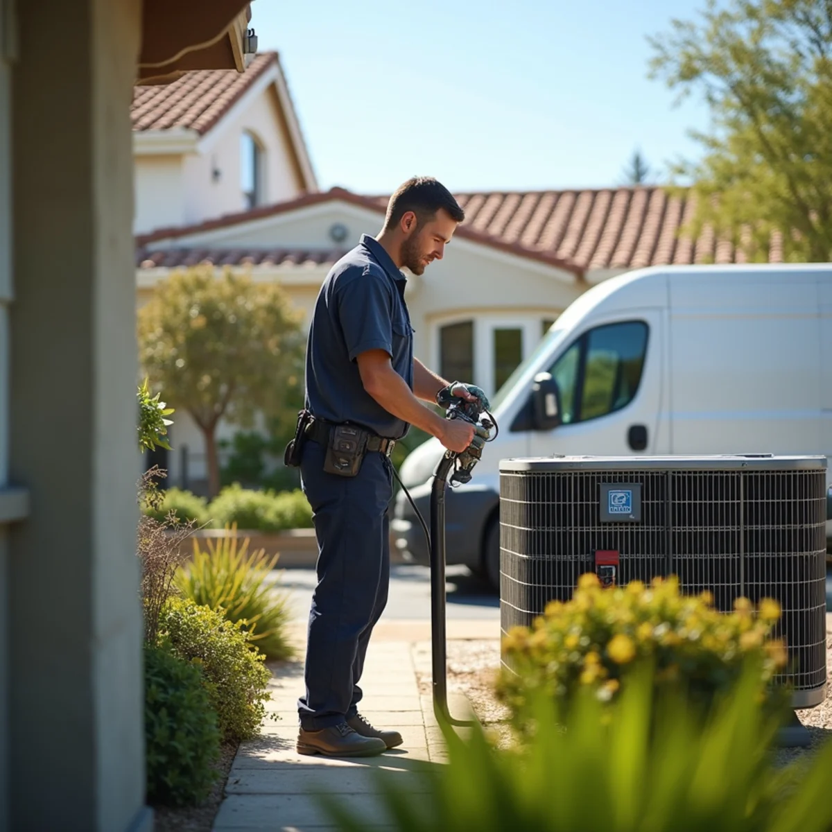 HVAC Poway CA technician completing an HVAC job at a The Palisades, CA home