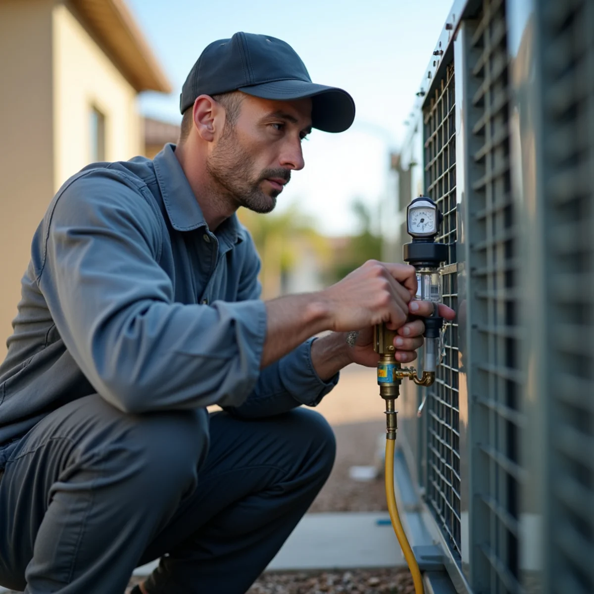 Close-up detail of refrigerant leak repair & recharge work by HVAC Poway CA in Poway, CA