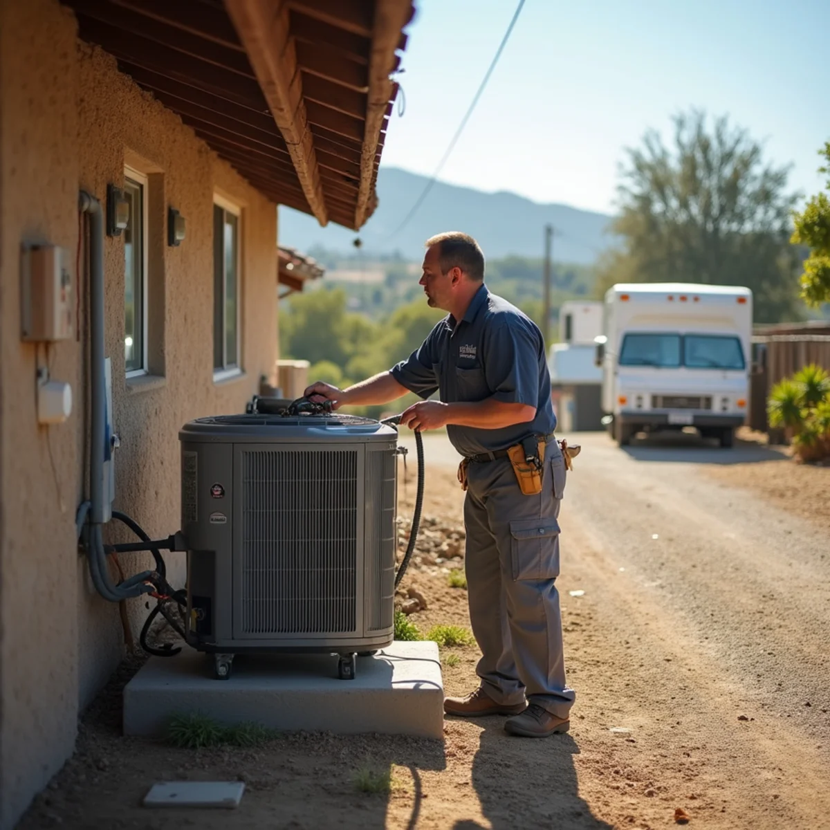 HVAC technician servicing an attic system in a 1980s Carmel Mountain Ranch home near Poway, CA