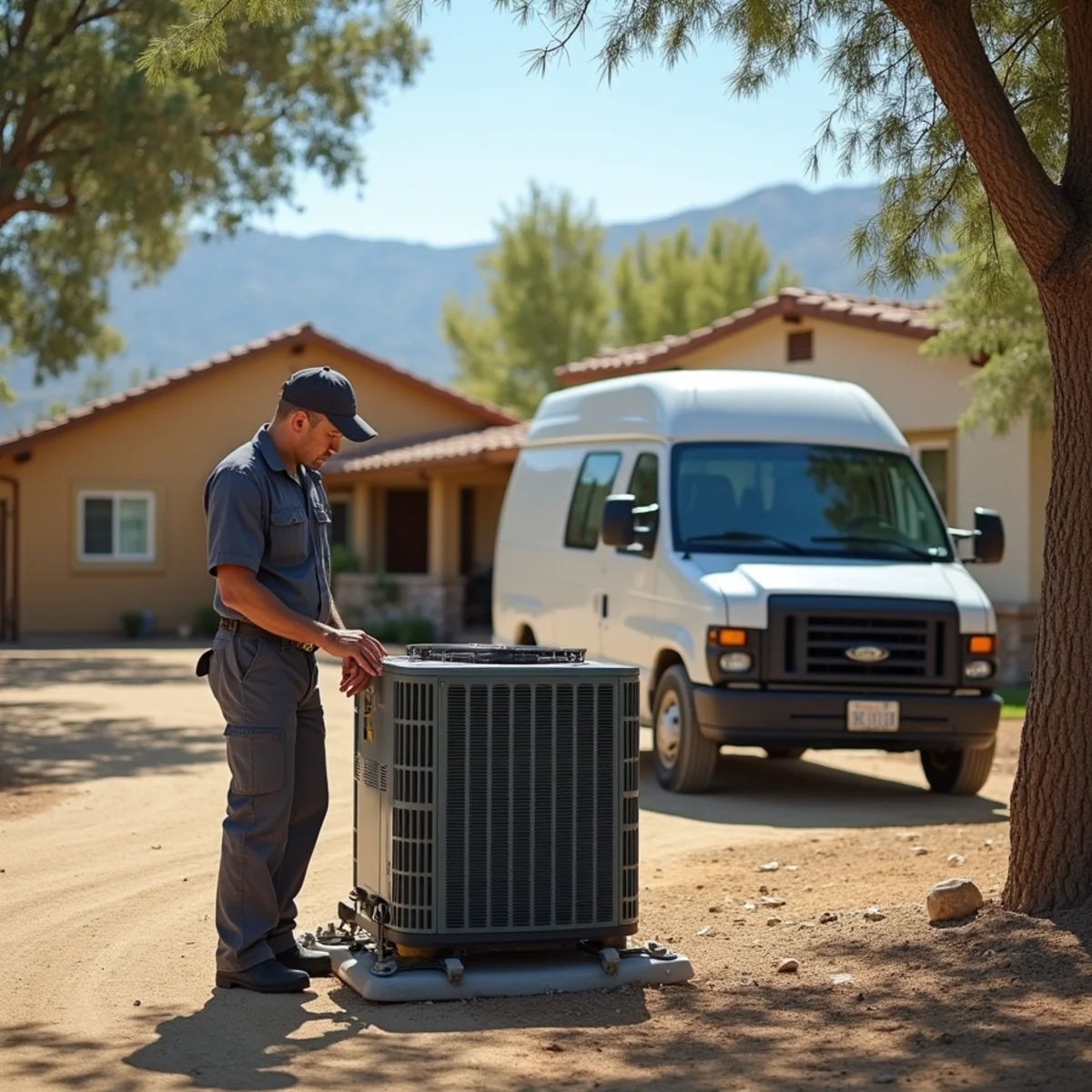 HVAC technician servicing a canyon-edge tract home in Rancho Peñasquitos near Poway, CA
