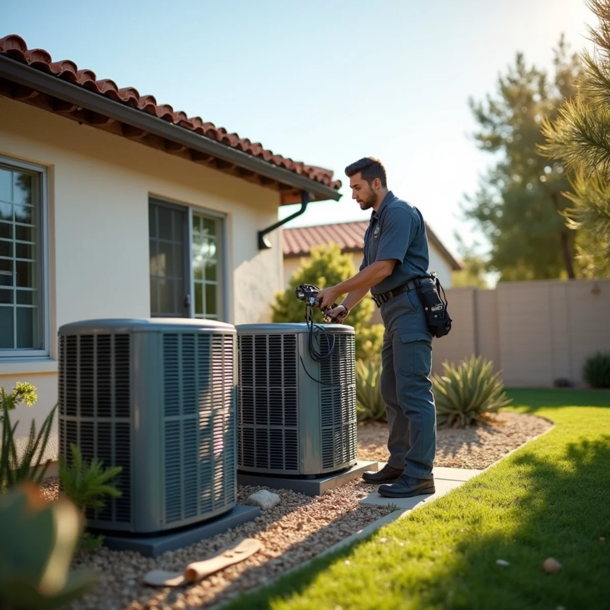 HVAC technician servicing a dual-system estate home in San Diego Country Estates near San Vicente Reservoir, CA