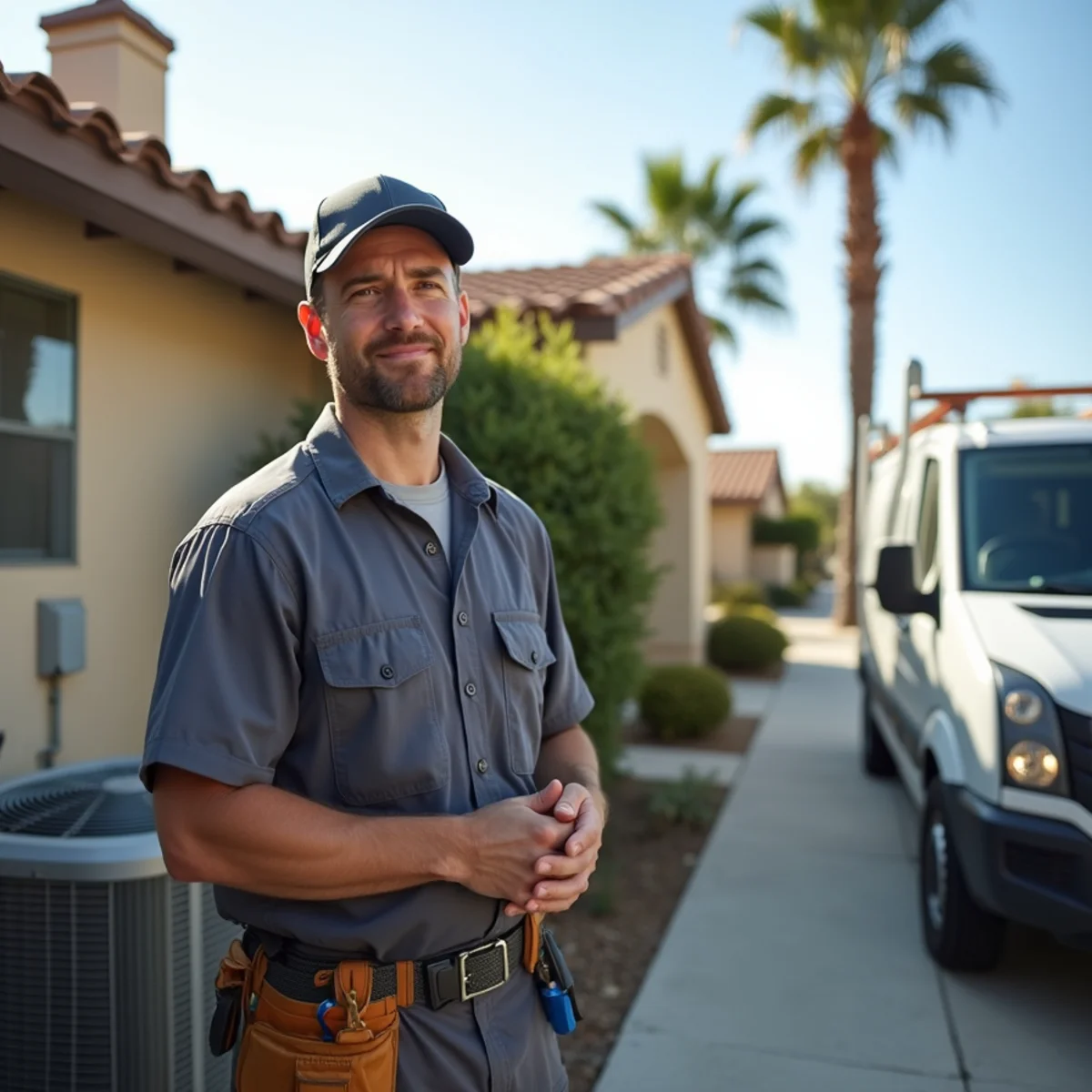 HVAC technician working in a growth-city San Marcos neighborhood near Cal State San Marcos, CA