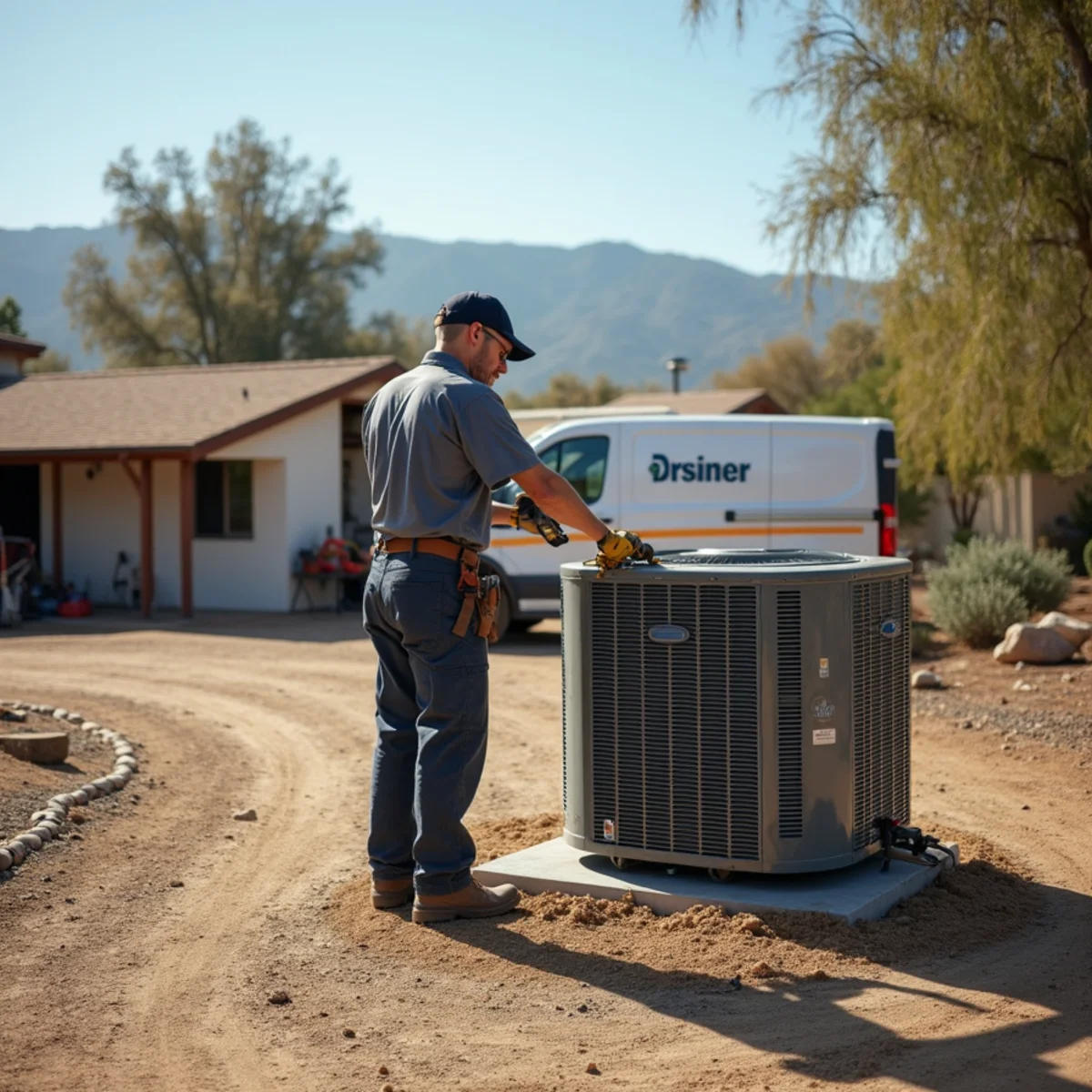 HVAC replacement crew working on a post-fire rebuild home in Scripps Ranch near Miramar Lake, CA